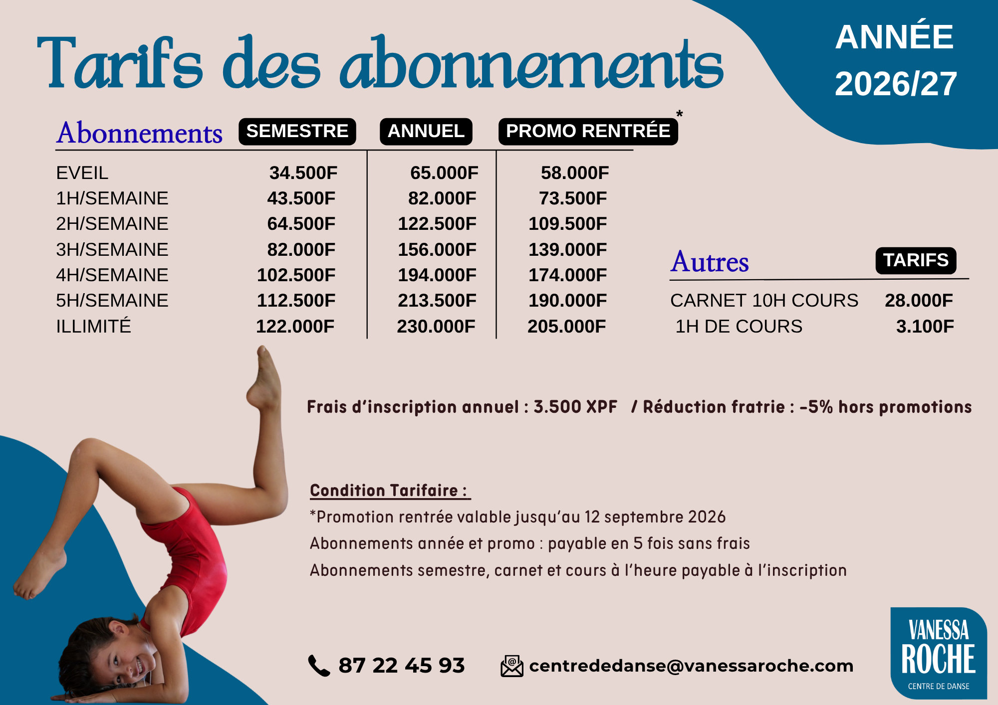Grille complète des tarifs 2026-2027 du Centre de Danse Vanessa Roche